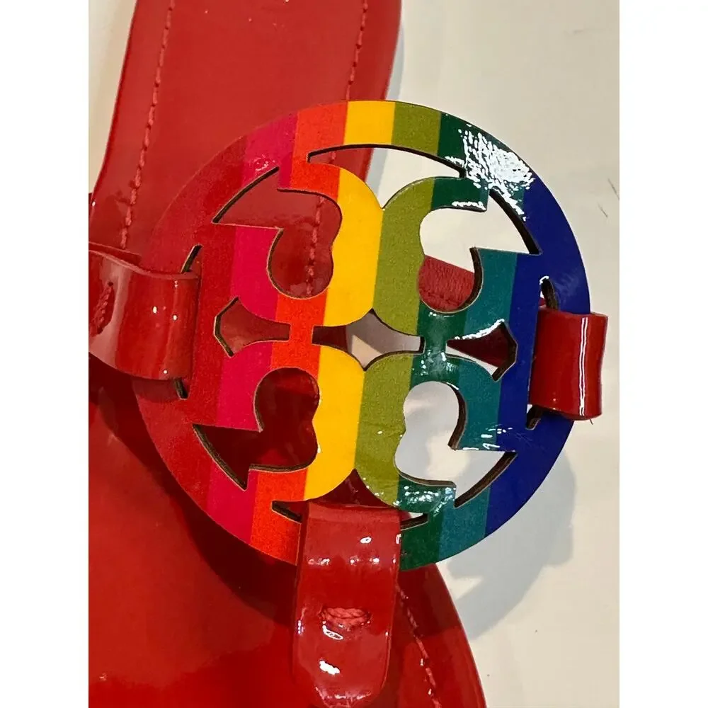 Tory Burch Miller Limited Edition Rainbow Leather Sandals Sz 9.5 Red Logo Sandal